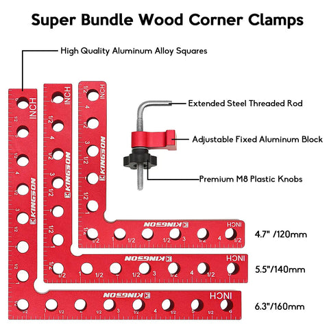 90 Degree Corner Clamps Set for Woodworking Aluminum Alloy Pro Grade Right Angle Clamps Kit with steel threaded rod and plastic knobs.