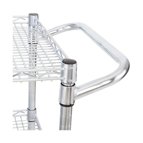 Heavy Duty Metal Rolling Utility Cart With 3 Adjustable Steel Shelves And Handy Handle Bar, NSF Commercial Grade, 500 Lb Capacity, Perfect For Restaurant, Garage, Warehouse, Kitchen, Or Office, 36 Inch Wide handle bar and shelf corner close-up