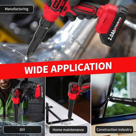 Fullyea Cordless Electric Rivet Gun With Brushless Motor, Two Batteries And Fast Charger in use for DIY, home maintenance, and construction applications.