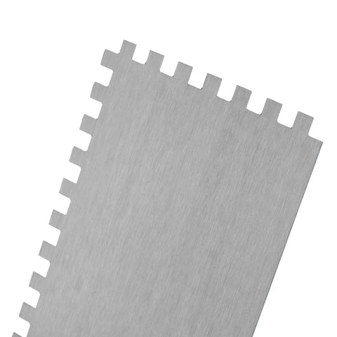 Steel blade of Squared Notch Tile And Flooring Trowel Pro Grade Stainless Steel With Ergonomic Rubber Grip Comfort Handle 11 Inch By 4.75 Inch Blade