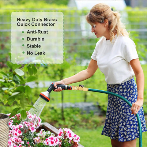 Woman using Solid Brass Garden Hose Quick Connectors 3/4 Inch Thread Fittings No Leak Male and Female Hose Connectors Set 6 Pack.