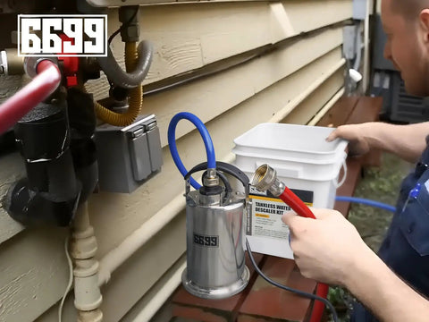 Person using Tankless Water Heater Flushing Kit With One Quarter HP Stainless Steel Sump Pump, Two Adapters, Three Gallon Pail