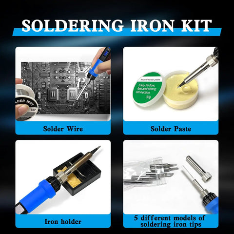 Blue 80W Adjustable Temperature Soldering Iron Kit Built Tough With Anti Slip Heat Resistant Handle Includes 5 Soldering Tips