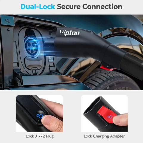 Tesla To J1772 Charging Adapter 60 Amp Plug And Play Ev Converter Weatherproof Ip65 Level 2 Electric Vehicle Connector showing dual-lock plug connection.