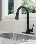 Matte Black Kitchen Faucet With Pull Down Sprayer High Arc Spout Single Handle 1 Or 3 Hole Install Water Efficient CALGreen Certified Modern Kitchen Upgrade installed by a window.