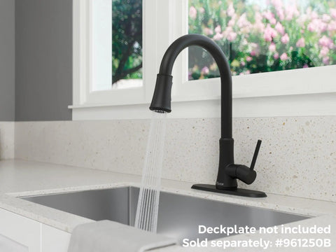 Matte Black Kitchen Faucet With Pull Down Sprayer High Arc Spout Single Handle 1 Or 3 Hole Install Water Efficient CALGreen Certified Modern Kitchen Upgrade installed by a window.