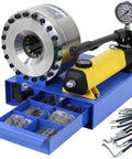 Heavy Duty Manual Hydraulic Hose Crimper With Seven Dies Crimps, compact design with yellow pump, includes storage for dies.
