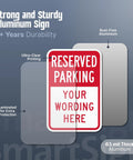Custom Reserved Parking Sign 12X18 Heavy Duty Laminated Aluminum Plate showcasing rust-free aluminum and ultra-clear printing.