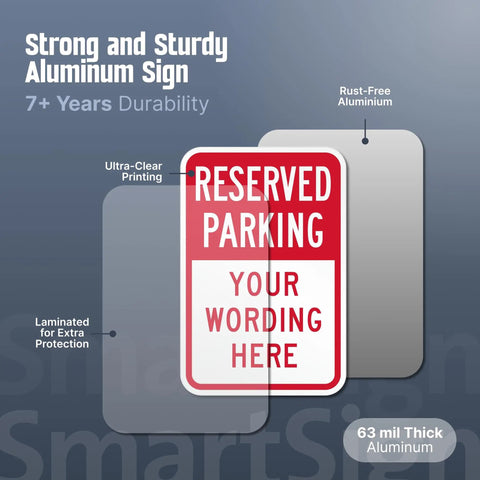 Custom Reserved Parking Sign 12X18 Heavy Duty Laminated Aluminum Plate showcasing rust-free aluminum and ultra-clear printing.