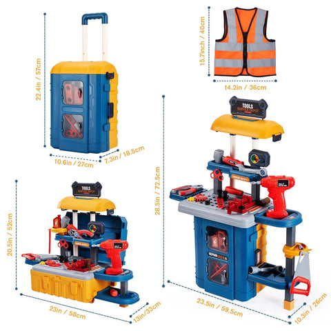 3 In 1 Kids Tool Workbench Set With Battery Drill, Convertible Toddler Tool Bench For Pretend Play shown with tools and sizes