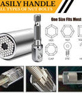 Universal Socket Tool Gift Set For Men Stocking Stuffers And Dad Gifts Perfect For DIY Fans And Dope Gadget Geeks White Elephant Friendly Christmas Gift For Him Boyfriend Husband with silver universal socket and adapters displayed.