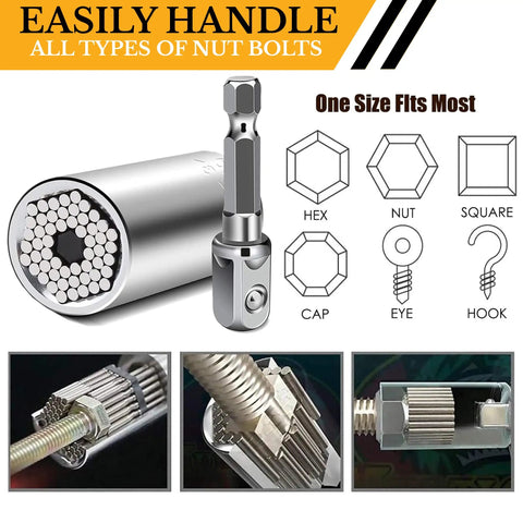 Universal Socket Tool Gift Set For Men Stocking Stuffers And Dad Gifts Perfect For DIY Fans And Dope Gadget Geeks White Elephant Friendly Christmas Gift For Him Boyfriend Husband with silver universal socket and adapters displayed.