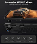 12 Inch 4K Front Dash Cam With 1080P Rear, Smart Mirror Backup System For Cars And Trucks, Night Vision, Parking Assist, WiFi 5.8GHz