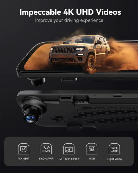 12 Inch 4K Front Dash Cam With 1080P Rear, Smart Mirror Backup System For Cars And Trucks, Night Vision, Parking Assist, WiFi 5.8GHz