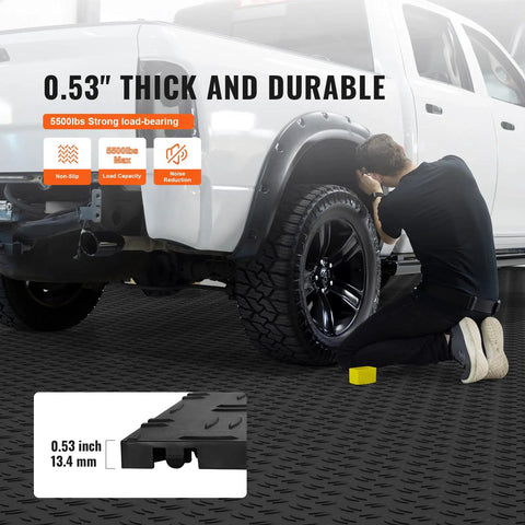 Mechanic working on truck over 15 Piece Garage Floor Edge Transition Kit Tough Interlocking PP Edging For Slip Resistant Easy Assembly Border For Modular Garage Mats Compatible With Upgraded 6 Lock Mats Black