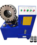 Heavy Duty Electric Hydraulic Hose Crimping Machine Workhorse with ten interchangeable dies, blue and silver design, user controls visible.