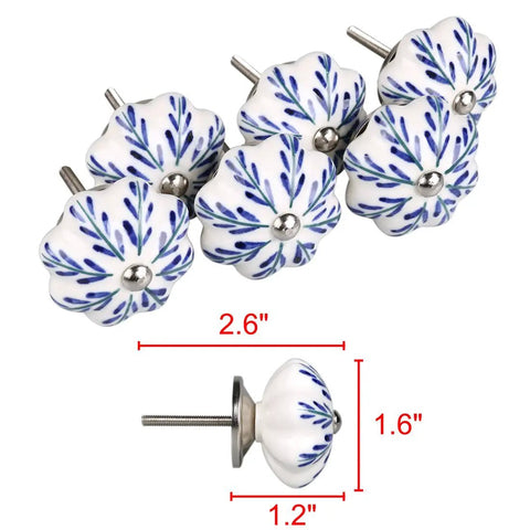 Snag These Six Piece Vintage Shabby Ceramic Cabinet Knobs With Hand Painted White And Blue Floral Drawer Pulls for cupboard and dresser hardware.