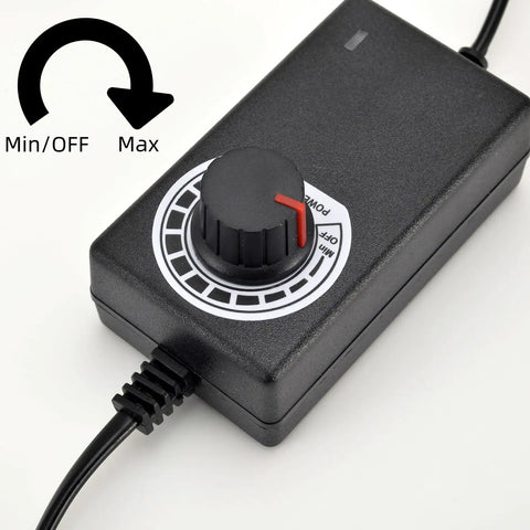 Adjustable 12V DC Fan Power Supply with dial showing min to max settings for PC fans, compatible with 3/4-pin fans and includes splitter cable
