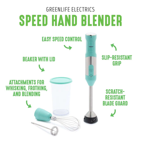 No Sweat 500 Watt Immersion Hand Blender With Knockout Stainless Steel Blades And Whisk Attachment complete with beaker and whisk.