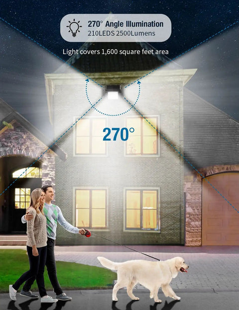 Solar Flood Lights With Motion Sensor, 210 LED 2500LM 6500K illuminating house at night, 3 adjustable heads, 270° coverage