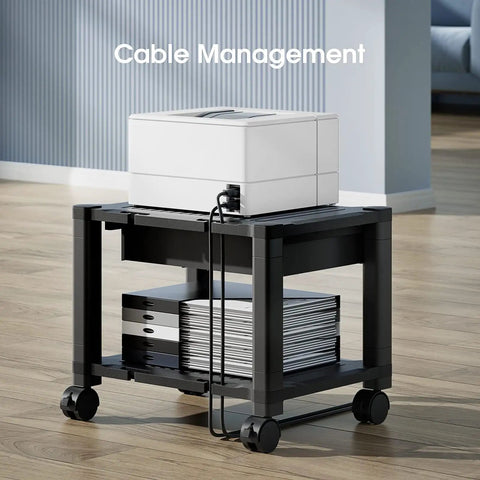 Printer Stand With Space Saving Cable Management And Storage Drawer, Rolling Printer Cart With Locking Wheels under desk