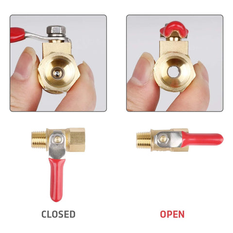 Brass 1/4in air compressor valve with red lever; front and side views show closed and open positions.