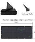 Heavy Duty Privacy Screen Fence Mesh Cover 6 Ft By 50 Ft Black Outdoor Shade Net For Patio Balcony Garden Backyard Blocks Ninety Percent Visibility Keeps Nosy Neighbors Out, shown with zip ties and grommet spacing.