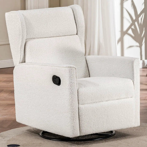 Comfy Teddy Upholstered Nursery Rocking Chair With Swivel Rocker Recliner And Manual Glider For Living Room Bedroom Or Office Beige Fabric Soft Plush Comfort in room setting