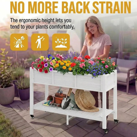 Raised Garden Bed On Wheels With Legs And Lockable Casters, Weather Resistant HDPE Elevated Planter Box, Double Tier Poly Wood Garden Bed For Backyard, Patio Or Balcony, Easy Mobility And Durable Outdoor Use with flowers and gardening tools.