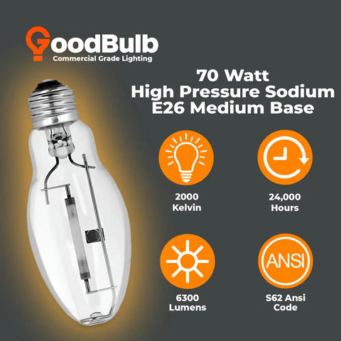 70-Watt High-Pressure Sodium HID Light Bulb With E26 Base, ANSI Code S62, 2000K, clear finish, product features and specifications
