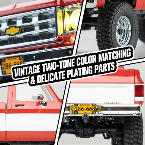 Chevrolet K10 One Eighteen Scale RC Truck With 4WD Dual Speed Switch LED Lights Off Road Crawler For Adults Officially Licensed Chevy Pickup Model In Red showcasing two-tone color and plating details.