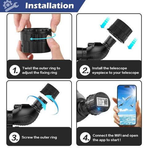 WiFi Eyepiece For Telescope And Microscope, HD 2K Image Amplifier, installation steps, showing connection and app use.