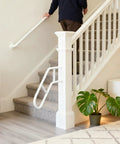 Rock Solid Outdoor Handrails For Front Porch Steps Heavy Duty U Shaped Stair Railing White 500 Lbs Weight Limit installed on indoor stairs.