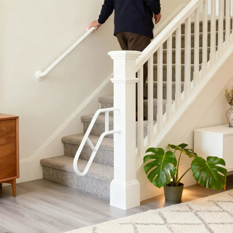 Rock Solid Outdoor Handrails For Front Porch Steps Heavy Duty U Shaped Stair Railing White 500 Lbs Weight Limit installed on indoor stairs.