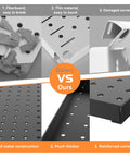 Comparison of metal pegboard kit versus fiberboard showing durability and structure.