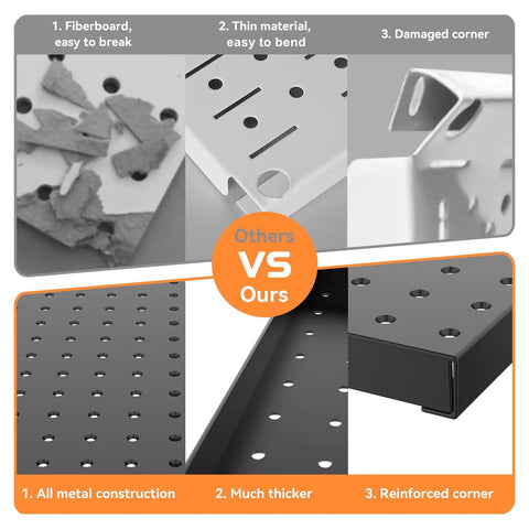 Comparison of metal pegboard kit versus fiberboard showing durability and structure.
