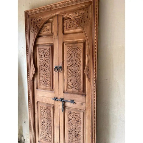 Hand Carved Barn Door In Natural Brown Finish Customize Your Size Double Sliding Or Single Hinged Interior Exterior Front Door Antique Modern Style Made To Order No Glass Or Hardware Included