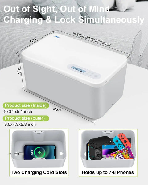 Solid Timed Phone Lock Box To Kick Scroll Habit And Stay Sharp Great For Cellphones Tablets And Snacks Distraction Proof Self Control Timer Storage Locker Gray with charging slots.