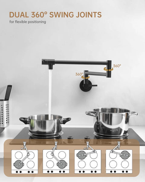 Matte Black Pot Filler Faucet Wall Mount Pro Grade Brass Construction Folding Stretchable Swing Arm Double Joint Single Hole Two Handles