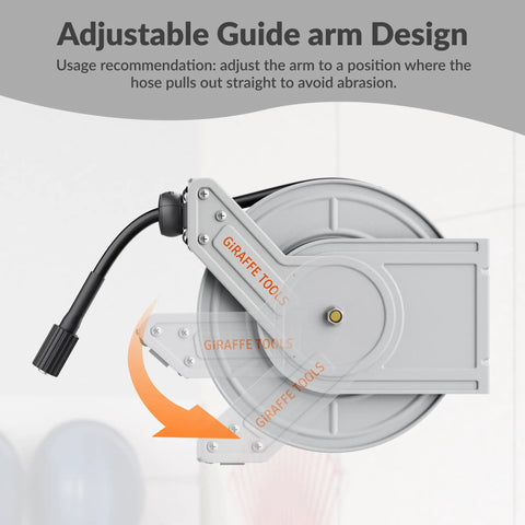 65ft Pressure Washer Hose Reel With Auto Retract And Lock At Any Length, wall mounted, close-up of adjustable guide arm design