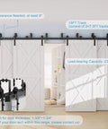 Four Door 15Ft Double Track Bypass Sliding Barn Door Hardware Kit installed, showing rails and mounting hardware.