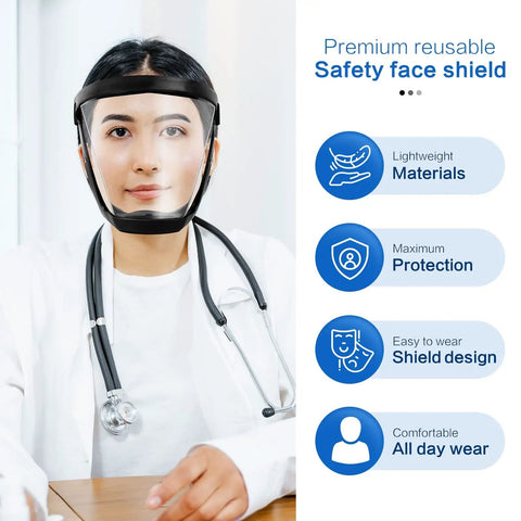 Woman wearing All In One Pro Grade Full Face Shield With Anti Fog Protection For Unisex Safety Gear, clear view, stethoscope visible.
