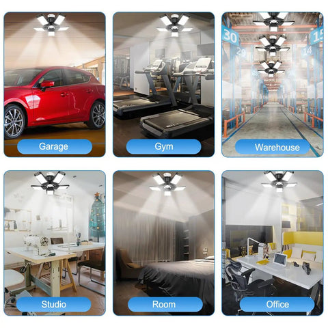 Two Pack LED Garage Lights With Five Plus One Panels, 160W 15000LM 6500K, illuminating various spaces like gym and warehouse.