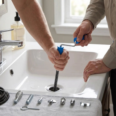 Person using Heavy Duty Steel Drain Snake Auger in a sink, highlighting its 10m extendable ability for stubborn clogs.