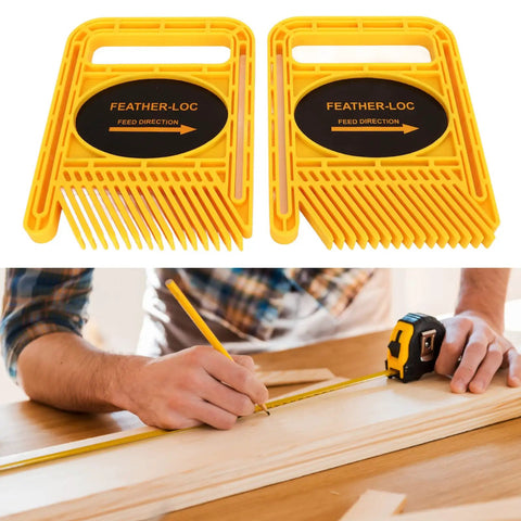 Extension Featherboards For Table Saw And Router Table Kickback Eraser That Grips Your Lumber Dead Solid With Adjustable Plastic Slider For Flat Out Safe Woodworking Cuts Pack Of 2 Yellow set on workbench.