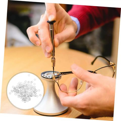 Rimless Glasses Washers And Metal Flat Gaskets Eyeglass Repair Kit 200 Pcs Fasteners for repairing rimless frames.