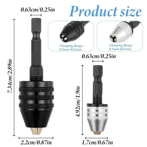 Two Pack Keyless Drill Chuck Adapter For Impact Driver 1 Quarter Inch Hex Shank Fast Change Converter Tool Attachment Extension DIY Friendly Wide Clamping Range From 0.3 To 6.5 mm And 0.3 To 3.6 mm For Easy Bit Swaps.