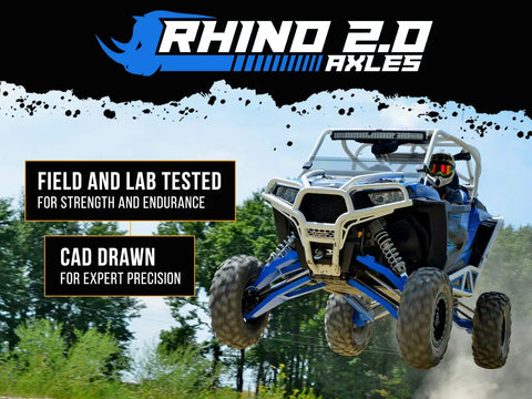 Beefed Up Rhino 2.0 Heavy Duty Rear Axles For Polaris RZR, ATV jumping with rugged axles field and lab tested for strength and endurance