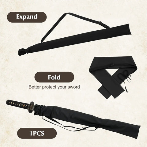 Katana Sword Bag With Strap Black Carry Case For Samurai Swords, folded and expanded view, showcasing the adjustable strap.