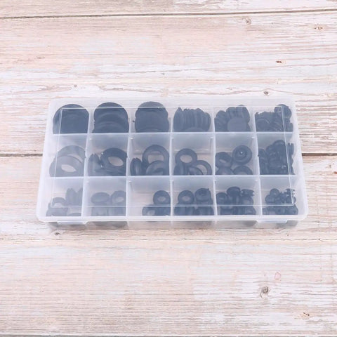 125 Piece Black Rubber Grommet Seal Kit For Hoses And Faucets With Heat Resistant Rubber Gaskets In A Handy Plastic Box For Windows And Small Appliances, black grommets in organizer